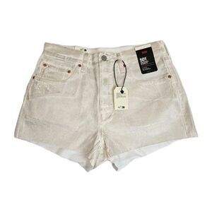 Levis 501 Premium Shorts Womens Sz 29 White Gold Metallic High Rise Cutoff